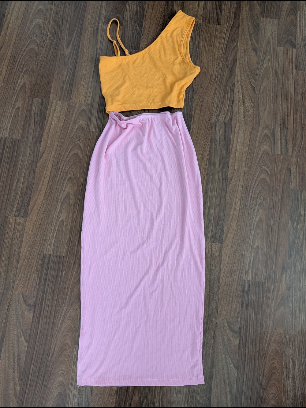 One-Shoulder Orange Crop Top Connected with Pink Maxi bottom